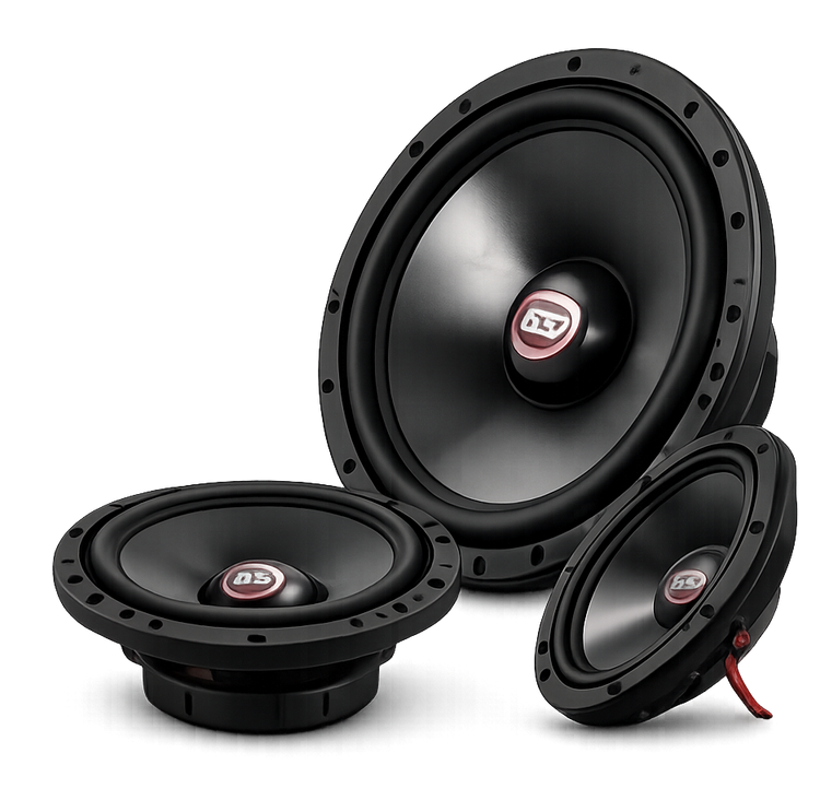 A set of component car speakers of different sizes