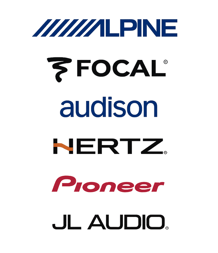 Logos of car audio brands stocked, including Alpine, Focal, Audison, Hertz, Pioneer and JL Audio