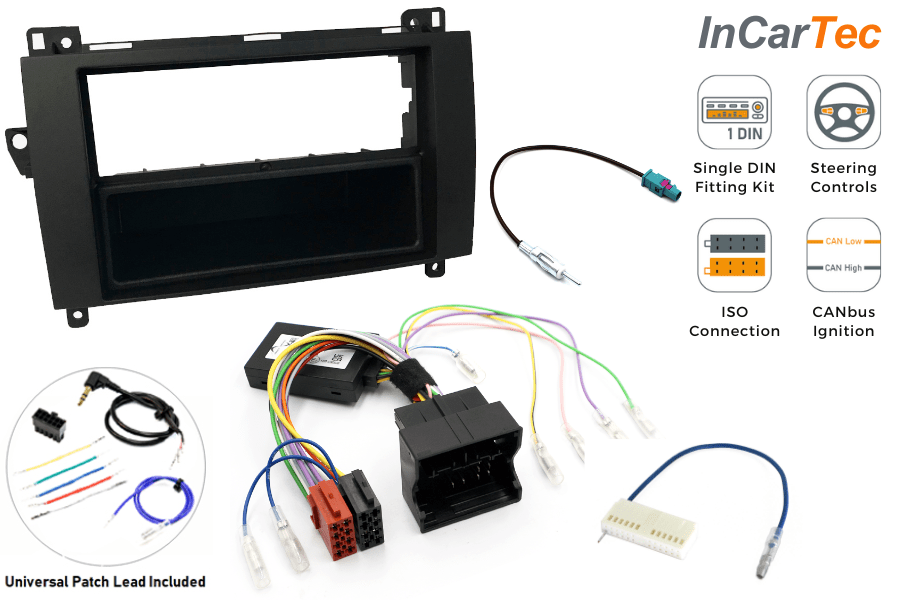 Mercedes (Audio 10/15/20) Single DIN Car Stereo Upgrade Fitting Kit with SWC (Quadlock)