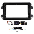 Black double-DIN fascia panel with Connects2 steering wheel control interface, wiring harness and connector loom, for fitting a 9-inch aftermarket stereo into a Fiat