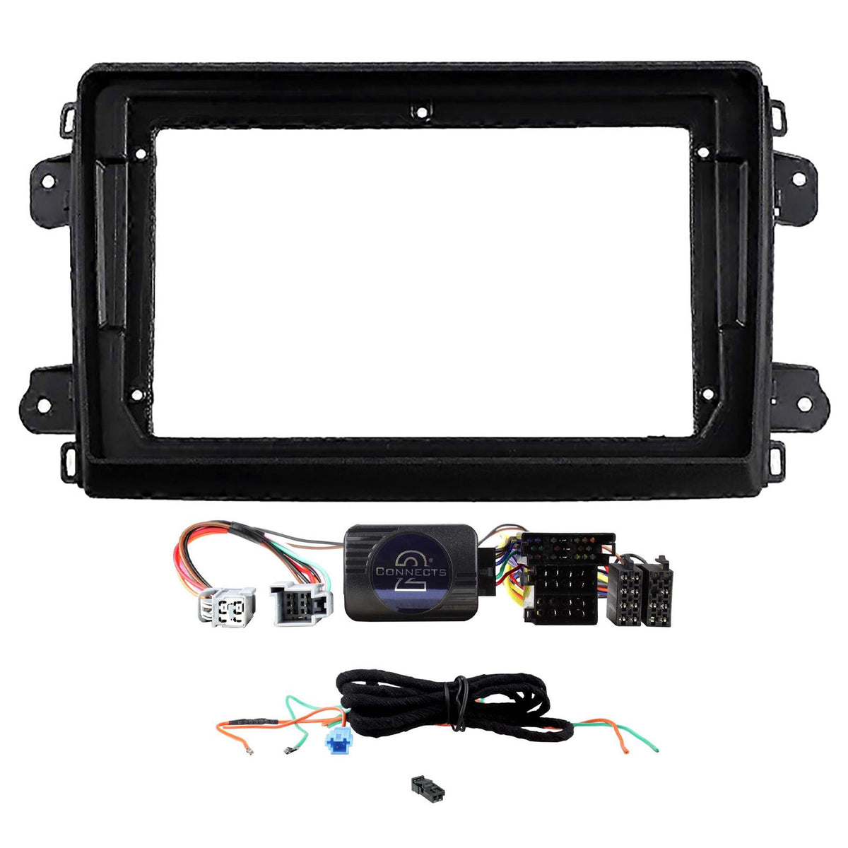Black double-DIN fascia panel with Connects2 steering wheel control interface, wiring harness and connector loom, for fitting a 9-inch aftermarket stereo into a Fiat