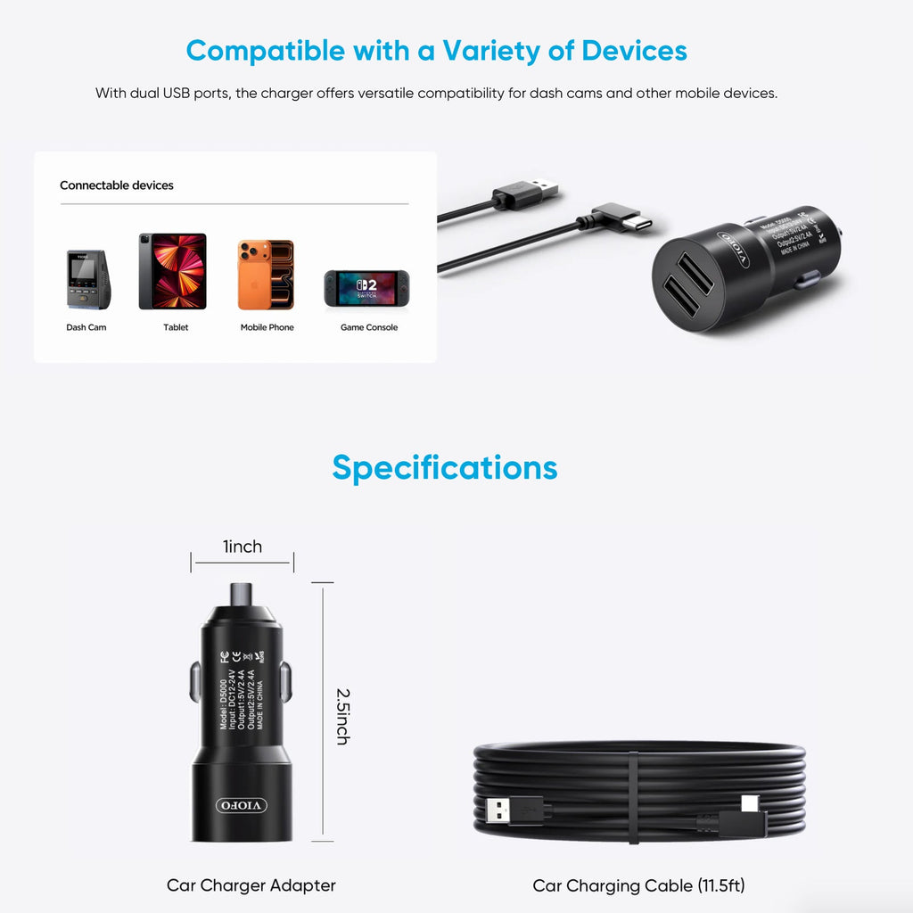 Viofo D5000 Dual USB A Cigarette Car Charger for A229 Series A119 Mini Dash Cam