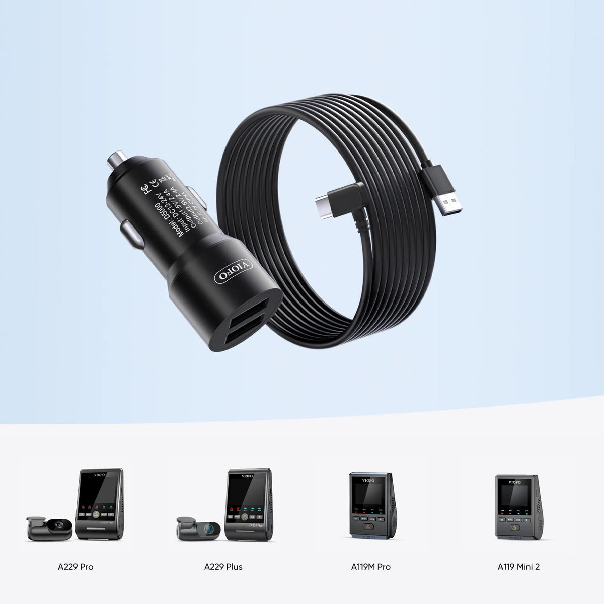 Viofo D5000 Dual USB A Cigarette Car Charger for A229 Series A119 Mini Dash Cam