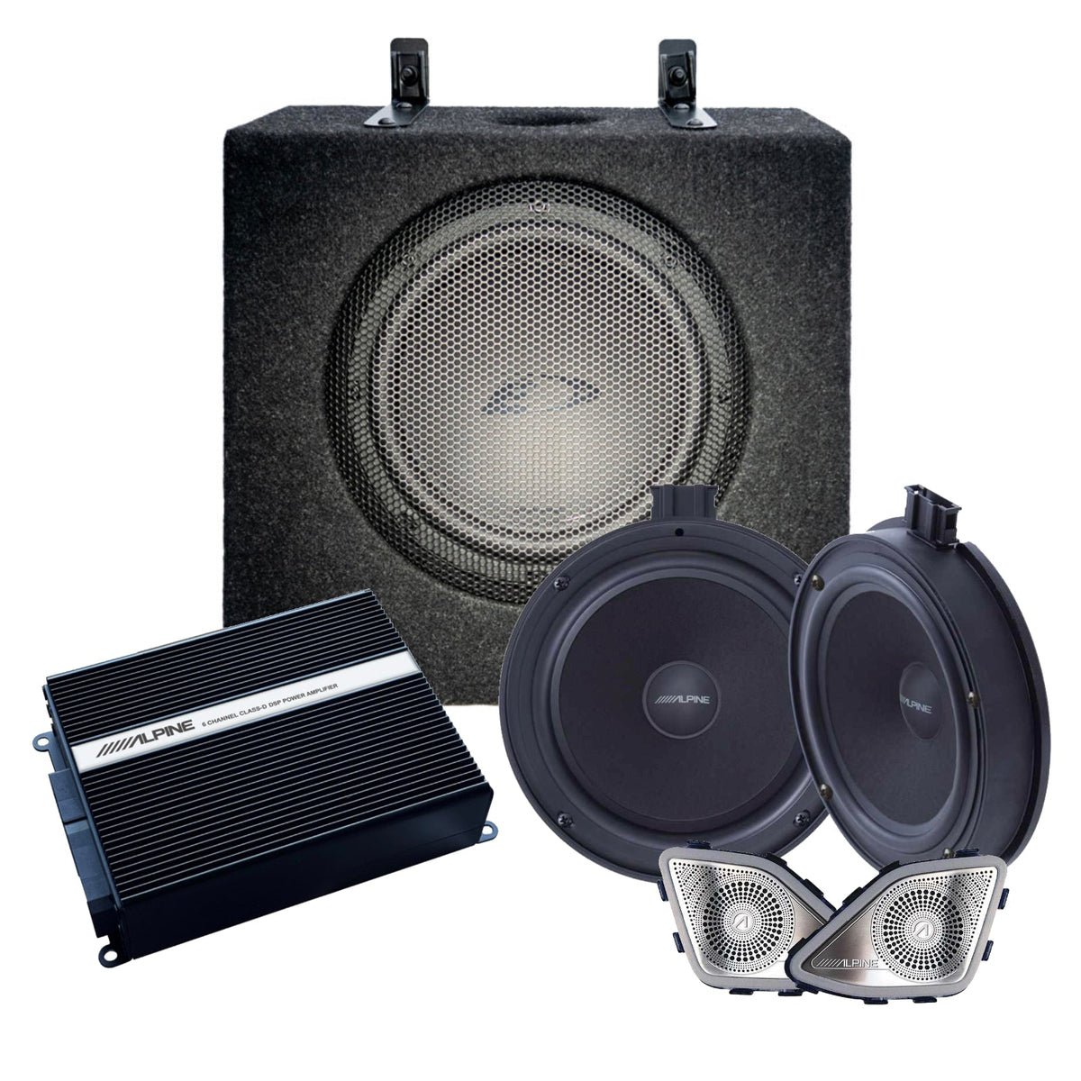 DSP Reference Package for VW Transporter T6.1 (Nov 2019–2022) — pictured: Alpine 6 Channel DSP Amplifier, Subwoofer & Speakers for VW Transporter T6.1