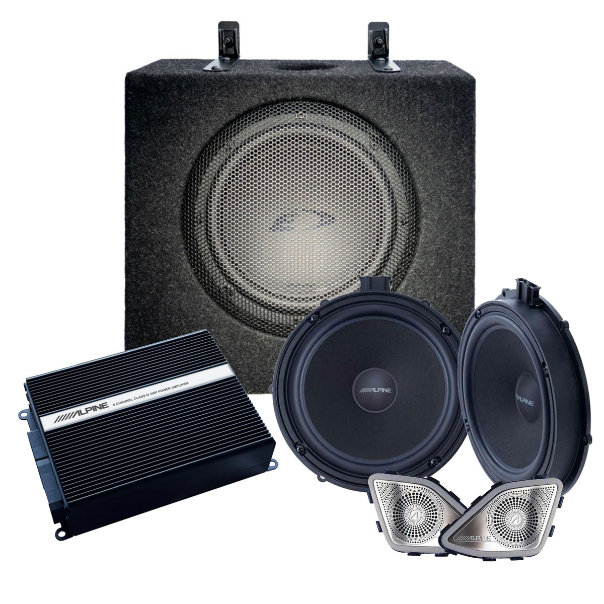 DSP Reference Package for VW Transporter T6 (2015-2019) — pictured: Alpine 6 Channel DSP Amplifier, Subwoofer & Speakers for VW Transporter T6