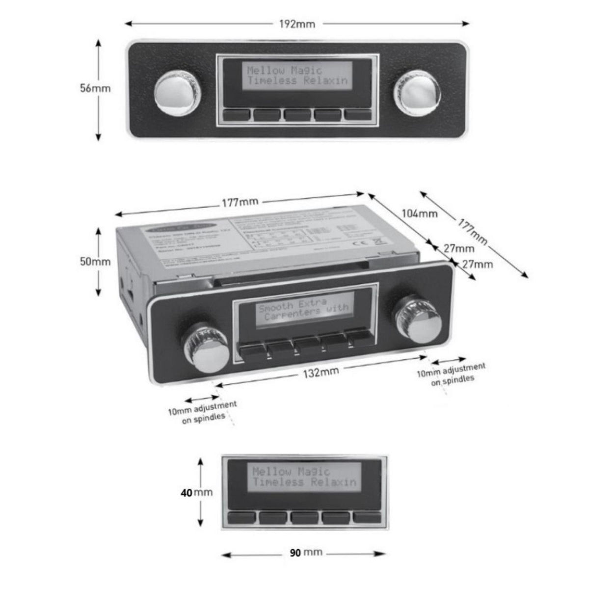 Vintage Car Stereo 100 DAB Spindle Mount Radio Stereo Rear USB Chrome & Black