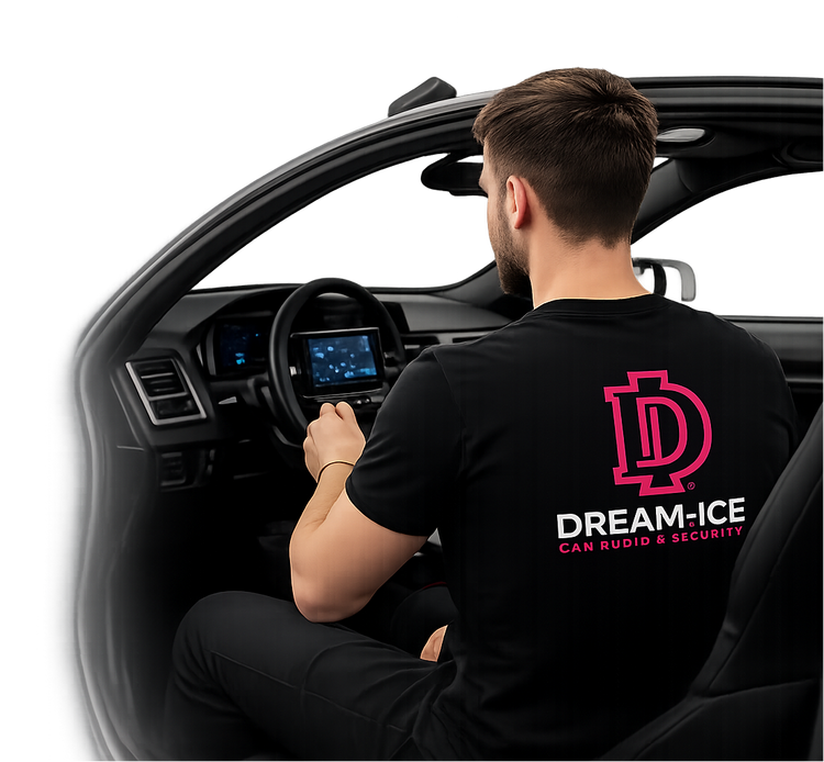 A technician in branded workwear fitting a touchscreen head unit inside a vehicle