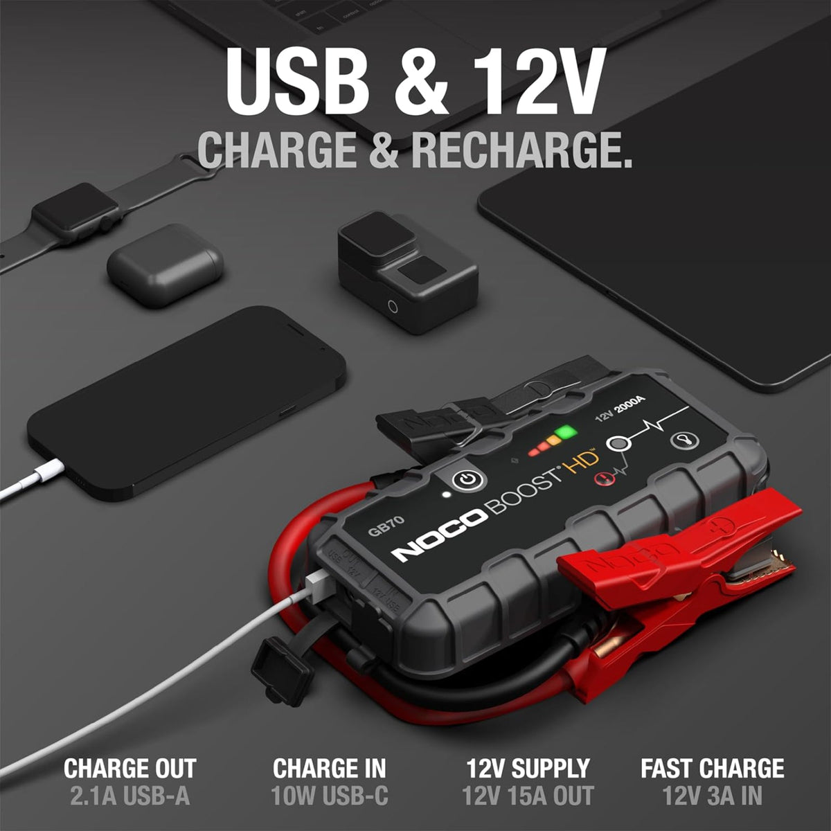 NOCO Boost GB70 2000A UltraSafe Jump Starter Power Pack 12V Car Battery Booster