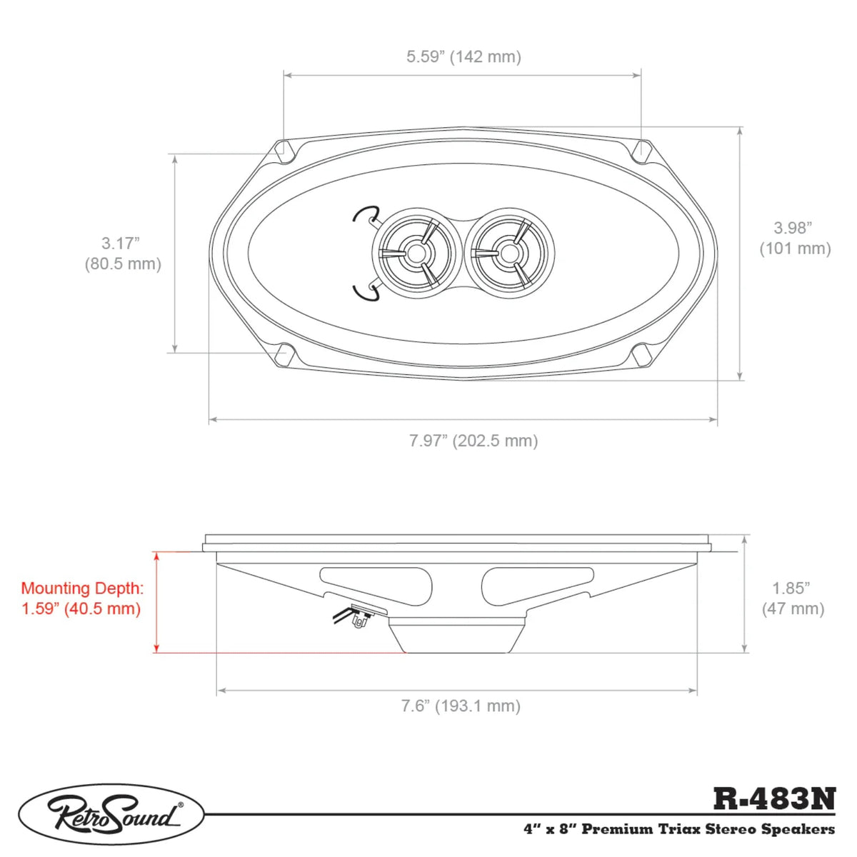 RetroSound Premium Triax 3 Way Stereo Speakers 4x8 Inch Sold as a Pair 60w RMS