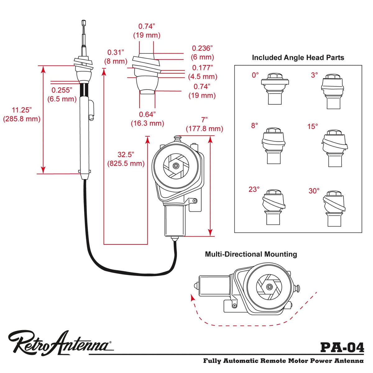 RetroSound PA04 Fully Automatic Electric Power Antenna Aerial and Mounting Heads